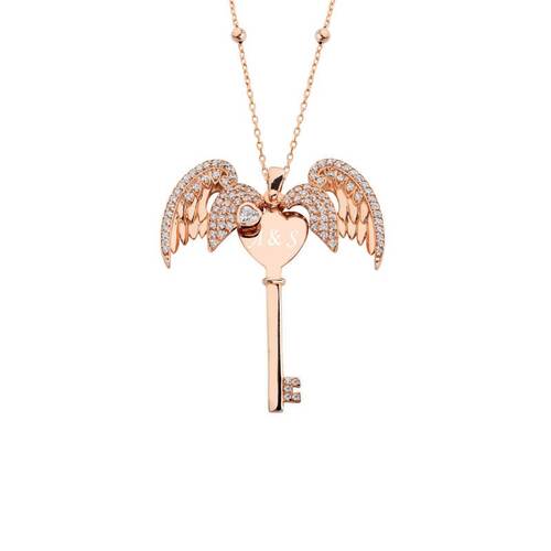 Name Key Silver Necklace With Angel Wings - 1