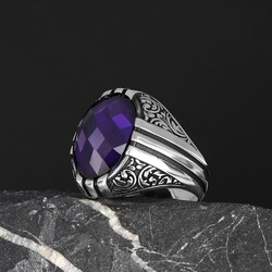 Patterned Model Amethyst Stone 925 Sterling Silver Men's Ring - Luxury Jewelry