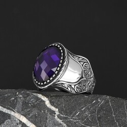 Patterned Model Amethyst Stone 925 Sterling Silver Men's Ring - Luxury Jewelry