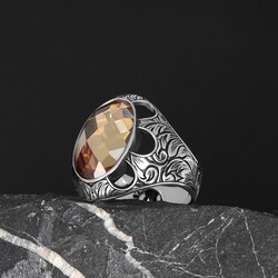 Patterned Model Citrine Stone 925 Sterling Silver Men's Ring - Luxury Jewelry