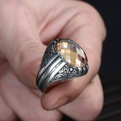 Patterned Model Citrine Stone 925 Sterling Silver Men's Ring - 3