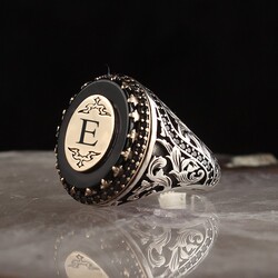 Personalized Letter Onyx Stone Silver Ring - Luxury Jewelry