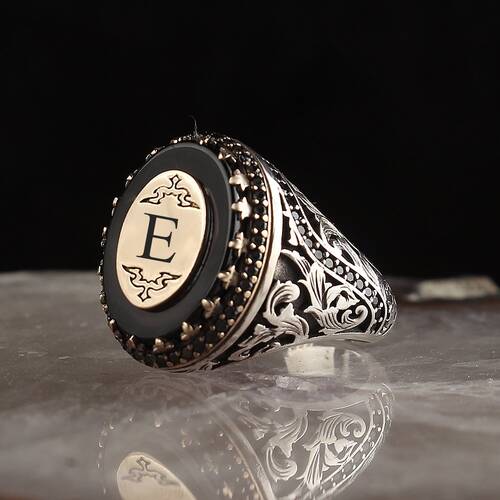 Personalized Letter Onyx Stone Silver Ring - 1