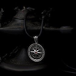 Red Zircon Stone Compass Model 925 Sterling Silver Men's Necklace - Luxury Jewelry