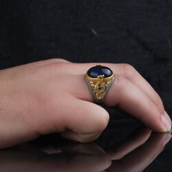 Rhodium Plated 925 Sterling Silver Men's Ring With Blue Tiger's Eye Stone - 2