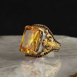 Rhodium Plated 925 Sterling Silver Men's Ring With Citrine Stone - Elegant Jewelry