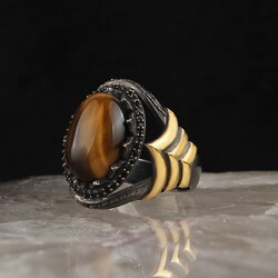 Rhodium Plated Tiger Eye Stone Men's Silver Ring - Luxury Jewelry