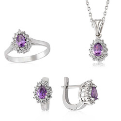Silver Drop Model Purple Stone Women's Ring Necklace Earring Set - Elegant Jewelry