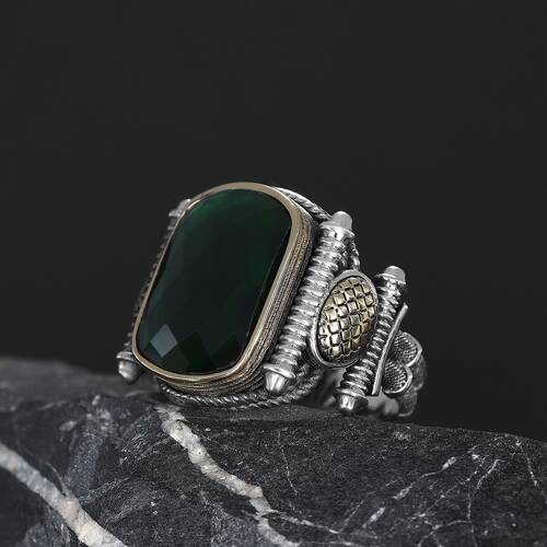Silver Men's Ring With Green Zircon Stone - 1