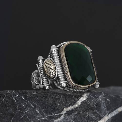 Silver Men's Ring With Green Zircon Stone - 2