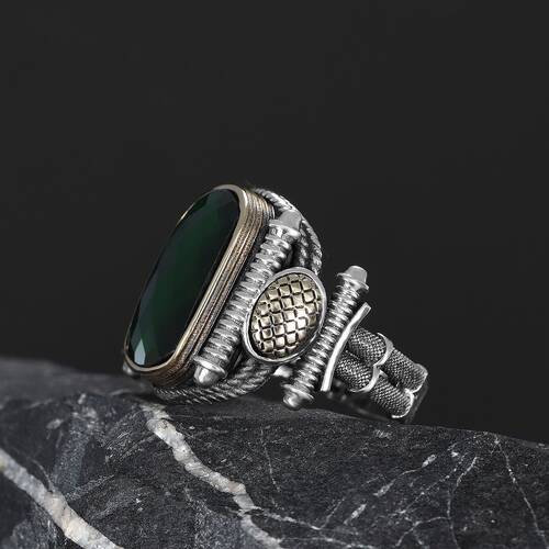 Silver Men's Ring With Green Zircon Stone - 3