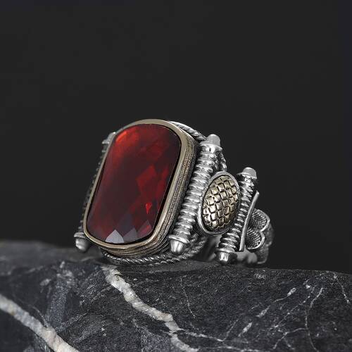 Silver Men's Ring With Red Zircon Stone - 1