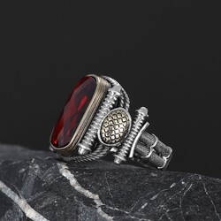 Silver Men's Ring With Red Zircon Stone - 3
