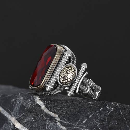 Silver Men's Ring With Red Zircon Stone - 3