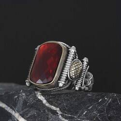 Silver Men's Ring With Red Zircon Stone - 4