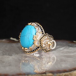 Silver Men's Ring With Rhodium Plated Turquoise Stone And Lion Symbol - Luxury Jewelry