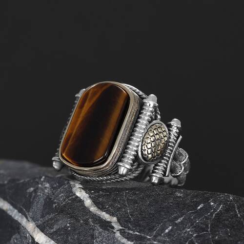 Silver Men's Ring With Tiger Eye Stone - 1
