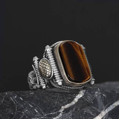 Silver Men's Ring With Tiger Eye Stone - 2