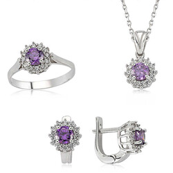 Silver Purple Stone Flower Women's Set - Elegant Jewelry