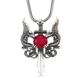 Silver Red Stone Dragon Men's Sword Necklace - Elegant Jewelry
