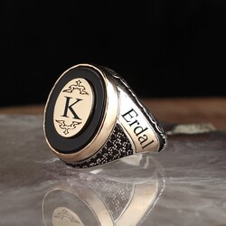 Silver Ring With Personalized Letters And Names And Onyx Stones - Luxury Jewelry