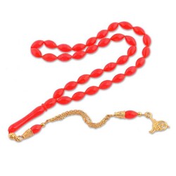 Silver Tughra Tasseled Red Pressed Amber Rosary - Elegant Jewelry