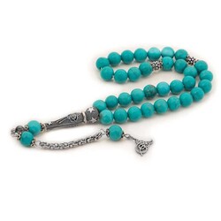 Turquoise Stone Rosary With Silver Tassels - Elegant Jewelry
