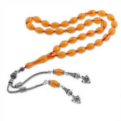 Yellow Pressed Amber Rosary With Silver Tassels - Elegant Jewelry