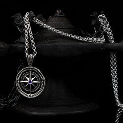 Zircon Stone Compass Model 925 Sterling Silver Men's Necklace - Luxury Jewelry